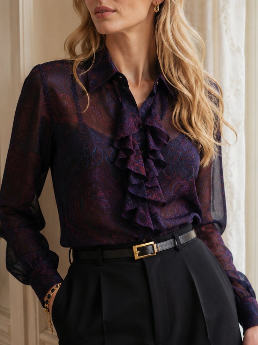 Lauren Ralph Lauren Printed Ruffel Button Down Shirt Size S